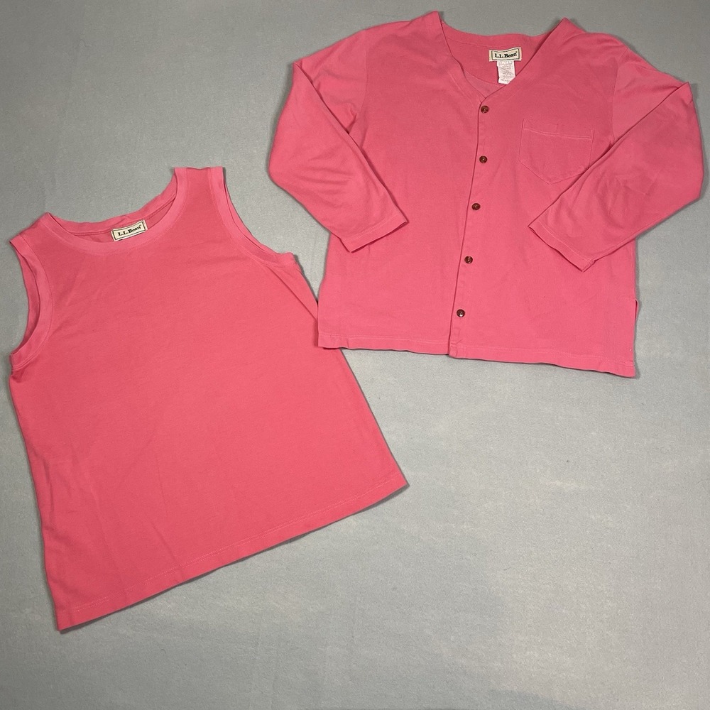 Vtg L L Bean Pink Cotton Knit Cardigan Tank Top Twin Set‎ 90s Women Size XL